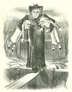 Sett Down Two, and Carry One.?: Gladstone, den britiske statsministeren, i en dilemma om hvilke av de kontroversielle irske regningene som skal kastes. John Tenniel tegneserie fra Punch, London, 3. april 1886. av John Tenniel