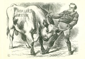 Tar den (irske) oksen ved hornene: Lovforslaget ble vedtatt av parlamentet 15. februar 1870 og fikk kongelig samtykke 8. juli. William Gladstone, statsminister, som behandler problemet. John Tenniel tegneserie fra Punch, London, 26. februar 1870. av John Tenniel