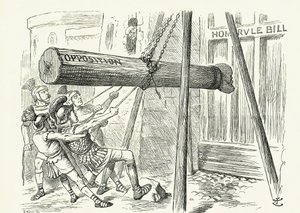 The Assault': Gladstones liberale hjemmestyrelov under angrep fra den konservative opposisjonen av en rambuk med hodet til lederen Lord Salisbury. John Tenniel tegneserie fra 'Punch', London av John Tenniel