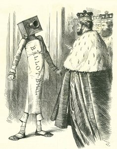 Stemmeseddelen står opp mot House of Lords. John Tenniel tegneserie fra 'Punch', London, 20. juli 1872. av John Tenniel