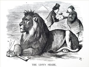 Den britiske regjeringen gir Rothschilds fullmakt til å kjøpe ut aksjer i Suez-kanalen. av John Tenniel