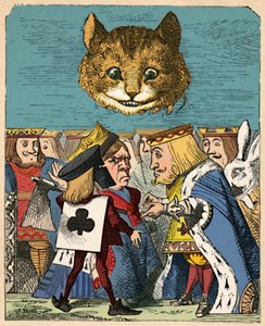 Cheshire Cat ser ned på den røde kongen og dronningen som kranglet, 1889 av John Tenniel