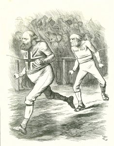 The Finish: General Election 1886. Gladstone (Liberal) dro til landet på grunn av lovforslaget om hjemmestyre for Irland. Salisbury (konservativ opposisjon) slår Gladstone til målstreken. John Tenniel tegneserie fra Punch, London av John Tenniel