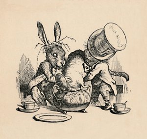 Den gale hattemakeren og marsharen prøver å sette Dormusen i en tekanne, 1889 av John Tenniel