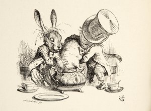 The Mad Hatter and the March Hare putting the Dormouse in the Teapot, fra Alices Adventures in Wonderland av Lewis Carroll (1832 - 98), pub. 1891 av John Tenniel