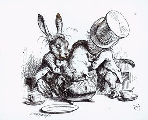 The Mad Hattemaker and the March Hare setter Dormusen i tekannen, illustrasjon fra 