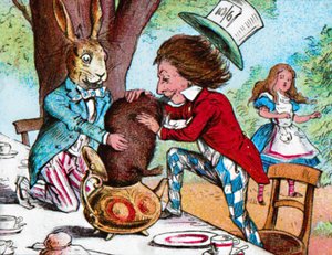 Den gale hattemakeren og marsharen prøver å sette Dormusen i en tekanne, c1910 av John Tenniel
