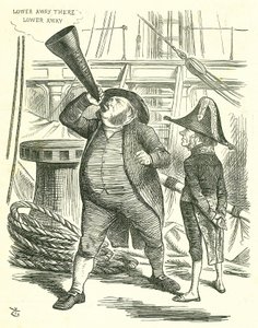 The Officious Passenger: Reform of Parliament - utvidelse av franchisen. Statsministeren, Lord John Russell, ber John Bright slutte å utbasunere reformforslaget. Russell beseiret av parlamentet på reformforslaget i mai 1866. John Tenniel tegneserie fr av John Tenniel