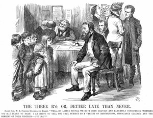 'The Three R's, or, Better Late than Never', tegneserie fra Punch, som viser William Edward Forster som styreleder for en styreskole som snakker til elever, mars 1870 (gravering) av John Tenniel