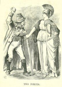 To styrker: Irish Land League forbudt. Britannia beskytter Hibernia (Irland) med Law Force mot Force of Anarchy. John Tenniel tegneserie fra Punch, London, 29. oktober 1881. av John Tenniel