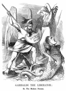 Forening av Italia: Giuseppe Garibaldi (1807-1882), italiensk patriot, erobret Sicilia og Napoli på vegne av det nye riket Italia. John Tenniel tegneserie fra Punch, London av John Tenniel