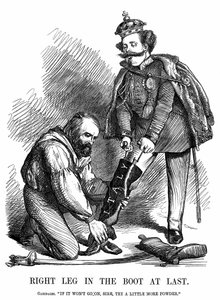 Forening av Italia: Giuseppe Garibaldi (1807-1882) hjalp Victor Emmanuel II (1820-78) med å ta på seg støvelen til Italia. John Tenniel tegneserie fra Punch, London av John Tenniel