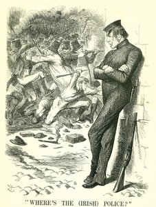 Hvor er det (irske) politiet?: William Gladstone, britisk statsminister, ser på urolighetene i Irland og venter på å gripe inn. I april ble en ny irsk fredsbevaringslov vedtatt av parlamentet. John Tenniel tegneserie fra Punch, London av John Tenniel