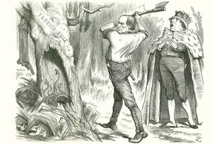 Woodman, Spare That Tree': Disraelis (Lord Beaconsfield) konservative råd til Gladstone, den liberale, om ikke å forstyrre reiret til hoggormer og å la det tyrkiske spørsmålet være i fred. John Tenniel tegneserie fra 'Punch', London, 26. mai 18 av John Tenniel