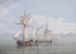 A Hoy and a Lugger med annen frakt på et rolig hav (wc, penn og svart blekk på vevd papir)