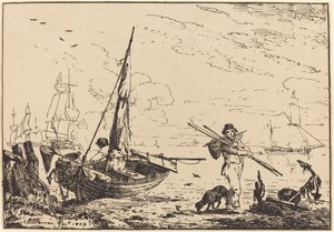 Marine: Fiskebåter på land, mann med årer, skip på avstand av John Thomas Serres