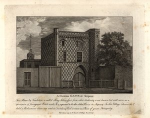 En nysgjerrig port i variert murverk kalt St John Gate, det eldste huset i Stepney av John Thomas Smith