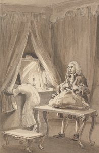 Hogarth, etter at hans kone hadde tatt på seg en ny nattskjorte, binder opp tingene hennes for å sende til Sir James Thornhill med et brev der han fortalte ham: 'Han tok datteren sin uten en kittel til hennes A--e av John Thomas Smith