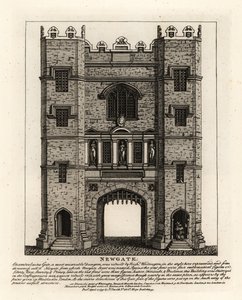 Newgate, gjenoppbygd i 1672 etter brannen i London, med tre figurer Justice, Fortitude and Prudence fra den tidligere porten bygget av Londons borgermester Richard Wittington av John Thomas Smith
