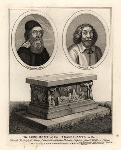 Ovale portretter av naturforskere og samlere John Tradescant den eldste og yngre, og deres gravmonument i kirkegården til St Mary Lambeth av John Thomas Smith