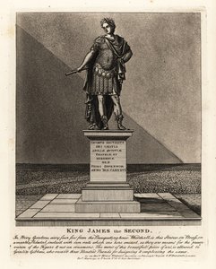 Statue av kong James II av England i kostyme som en romersk keiser, Jacobus Seundus, designet av Grinlin Gibbons, i Privy Gardens