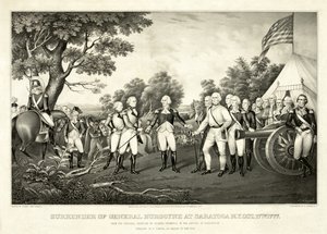 Overgivelse av general Burgoyne i Saratoga, N.Y., 17. oktober 1777, pub. N. Currier av John Trumbull
