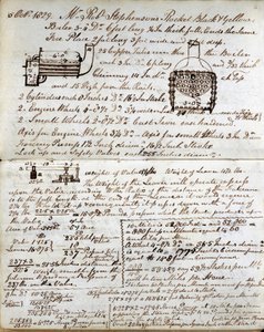 Skisse av kjelen til raketten fra Rastricks notatbok, 1829 av John Urpeth Rastrick