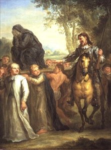 Don Quijote tar feil av en statue av Jomfru Maria, som blir båret i prosesjon, som en kvinne tatt mot hennes vilje, fra Cervantes 
