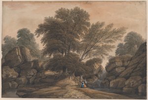 Figurer ved et fossefall og en dam i et skogkledd landskap av John Varley