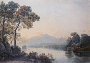 Figurer med en hund på bredden av Lake Killarney (akvarell) av John Varley
