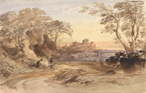Landskap med figurer og det fjerne slottet av John Varley