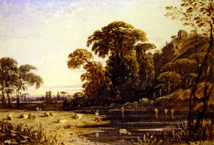 Landskap med et tårn på en høyde (akvarell på papir) av John Varley