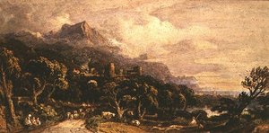Landskap med slott og fjell (akvarell) av John Varley