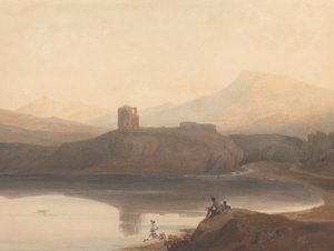 Llanberis-sjøen, med slottet Dolbadern av John Varley