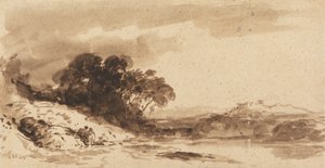 Elvelandskap med to figurer, innsjø og fjerne fjell av John Varley