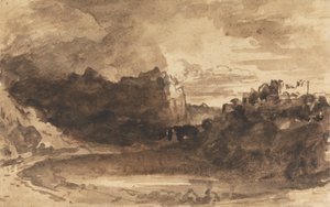 Romantisk landskap med klipper og et slott