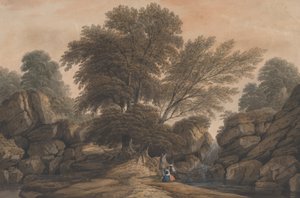 Figurer ved siden av en foss og et basseng i et skogslandskap, 1812.