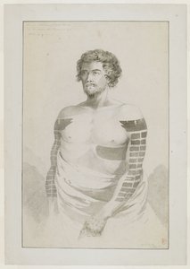 (Hele tegningen) Portrett av en sjef i Borabora, [Puni?]; en skjeggete mann med armer tungt tatovert med flate rektangulære flekker, og en stor lapp på venstre side. desember 1777 av John Webber