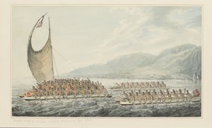 35: Tereoboo, King of Owyhee, bringer gaver til Captain Cook, fra en serie akvareller som illustrerer Captain Cooks siste reise, ca. 1773-84 (akvarell på papir) av John Webber