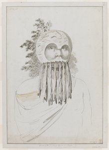En mann fra Sandwichøyene i en maske. En mann fra Sandwichøyene i en maske som består av en skålhodeplagg med utskjæringer for øynene. av John Webber