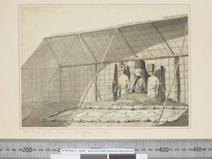 F.18 Innsiden av huset, i Morai, i Atooi, ca. 1773-84 (akvarell) av John Webber