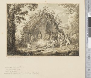 F.43 Innfødte i det indre av en hytte, ca. 1783-84 (akvarell) av John Webber