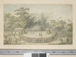 F.4 Mottakelsen av Captain Cook i Hapaee, ca. 1773-84 (akvarell- og trykkgraveringer) av John Webber