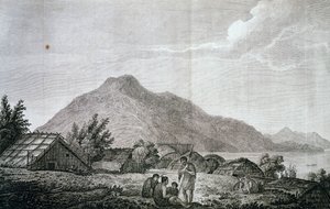 Inne i hippah på øya Motuara, basert på tegning av John Webber (1750-1793), fra beretningen om siste reise til James Cook (1776-1779). gravering av John Webber