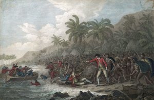 Kaptein James Cook (1728-1779, britisk oppdagelsesreisende) drept av innfødte på Hawaii, i Kealakekua Bay, på Sandwichøyene (Polynesia), i 1779 - Kaptein James Cooks død 14. februar