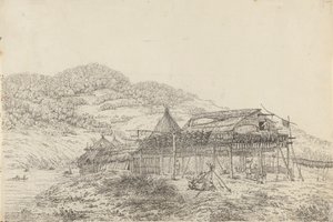The Balagans eller Summer Habitations, med metoden for tørking av fisk, ved St. Peter og Paul, Kamtschatka av John Webber