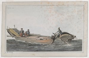 To små båter, med tre figurer i den ene, to i den andre. av John Webber