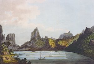 Utsikt over havnen i Taloo på øya Eimeo, fra "Views in the South Seas", pub. 1789 (radering)