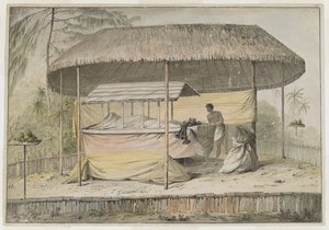 Waheiadooa, sjef for Oheitepeha, liggende i staten, registrert av kaptein Cook under hans besøk til Tahiti 19. august 1777. En begravelsesscene støtter det innhyllede liket og en ledsager. De er skjermet av en markise med gresstak, og er omgitt av en lav p av John Webber