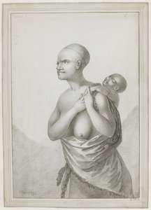 [Hele tegningen] En tasmansk kvinne som bærer et barn på ryggen, med en hud slengt fra venstre skulder rundt midjen. januar 1777 av John Webber